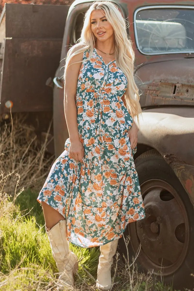 Green Floral Print Trimmed V Neck Tie Waist Sleeveless Dress - Love Salve